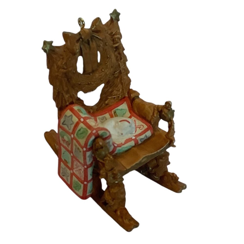 Vtg 2001 Hallmark Rocking Chair‎ Ornament Quilt Sleeping Cat 3"x3" Christmas